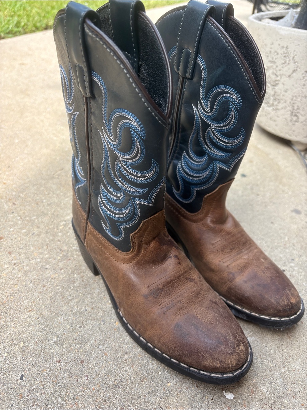 Boys Two-Tone Brown and Black Western Boots with Blue Stitching